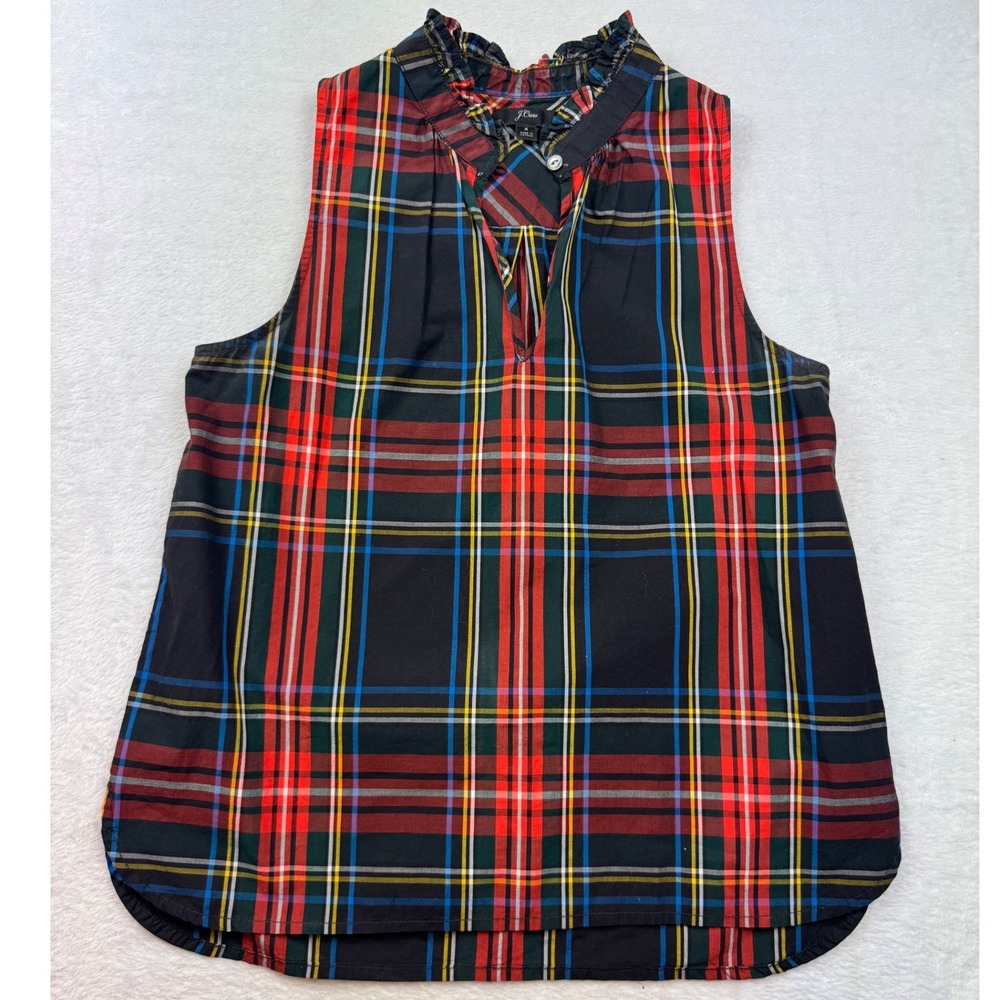 J.Crew Womens Plaid‎ Ruffle Neck Sleeveless Blouse Stewart Tartan Cotton Top 4
